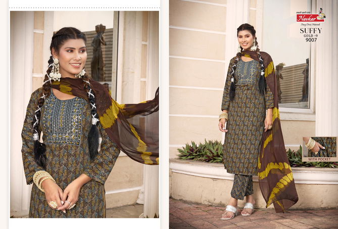 Suffy Gold 9 By Navkar Rayon Foil Printed Kurti With Bottom Dupatta Wholesale Price In Surat
